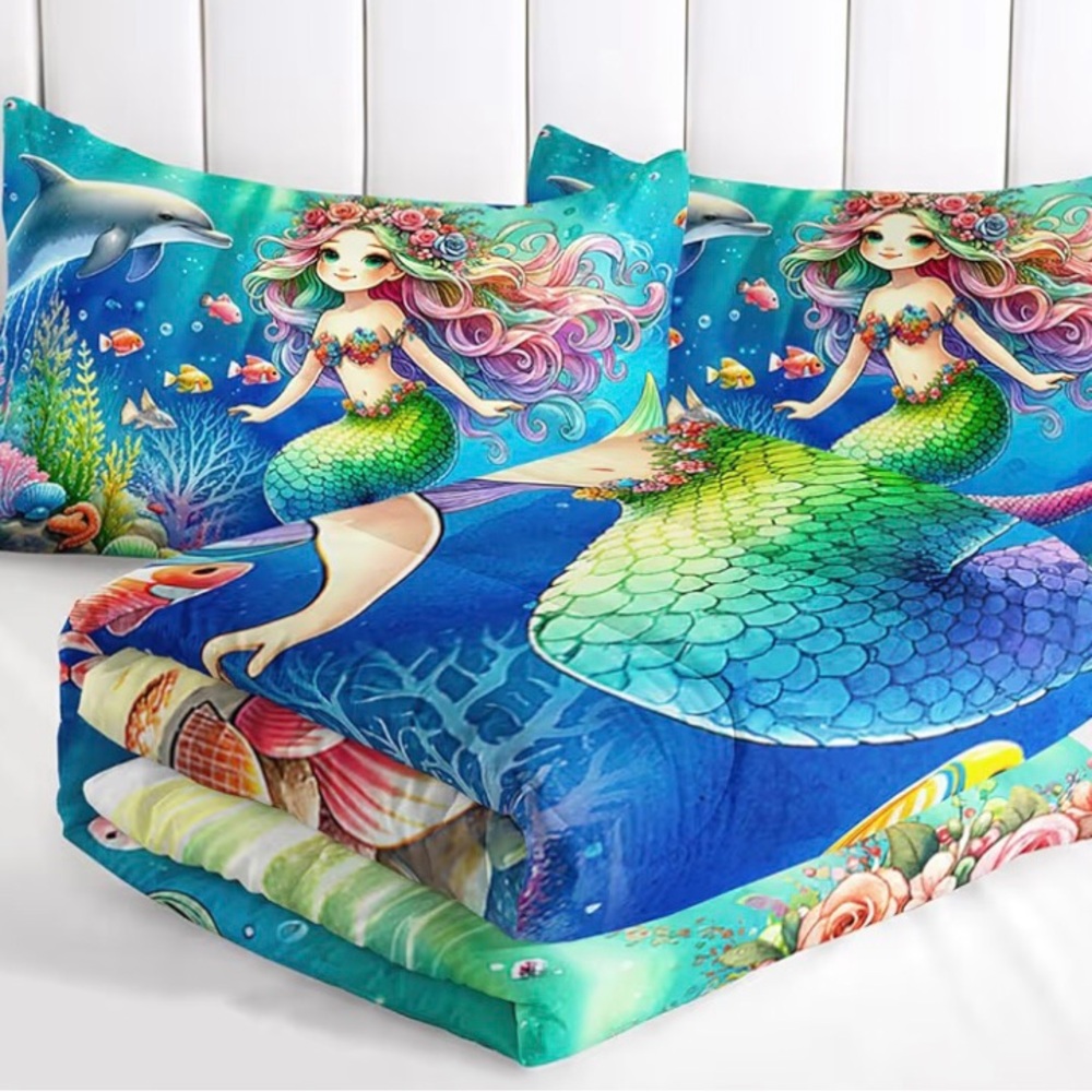 Mermaid Comforter Set Queen Size Dolphin, Coral, Seaweed, Fish, Ocean For Girls - Picture 2 of 4